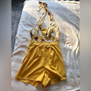 Sunflower Print Halter Romper Mustard Yellow Floral Summer Small